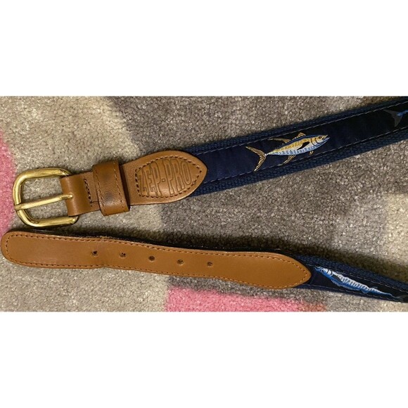 Zep-Pro Belt Mens 32 Boys Canvas Leather Brass Blue Game Fish Fishing USA Made - Picture 1 of 16